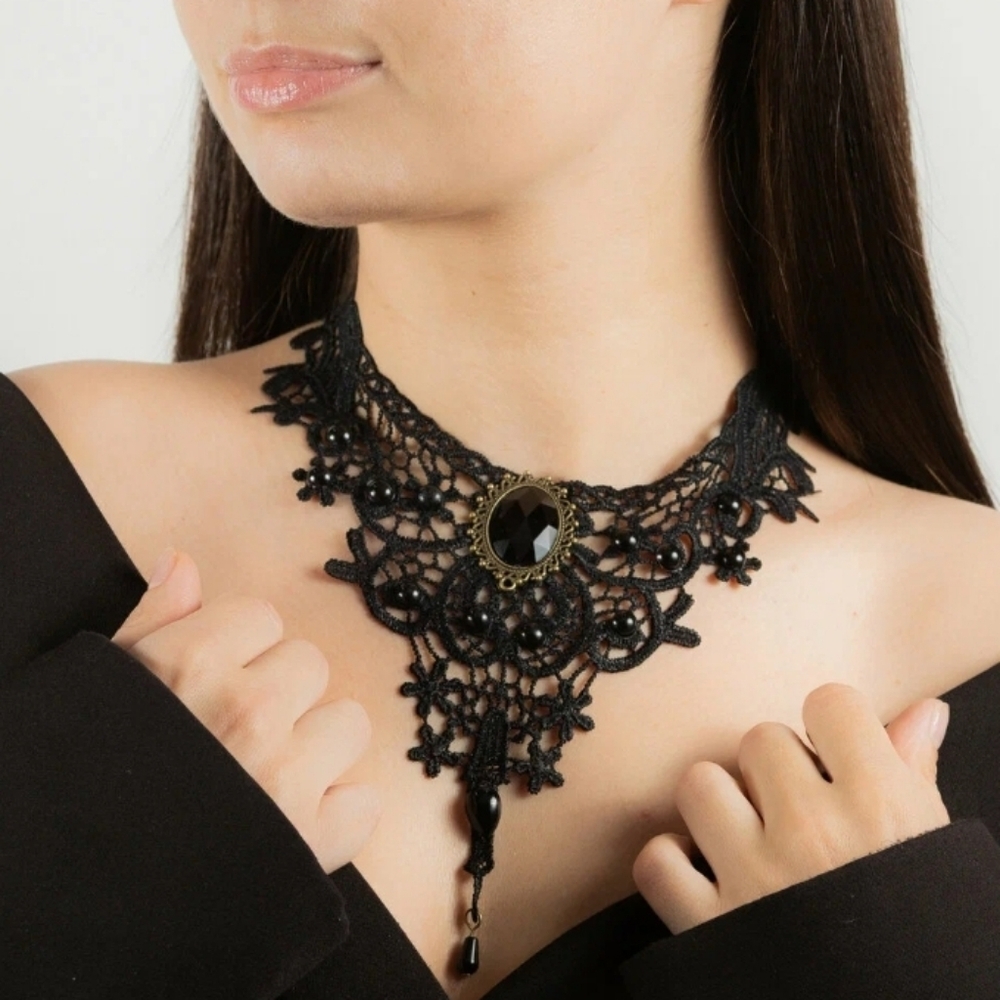 ♠️Elegant Black Lace Choker Necklace With Black Stone New